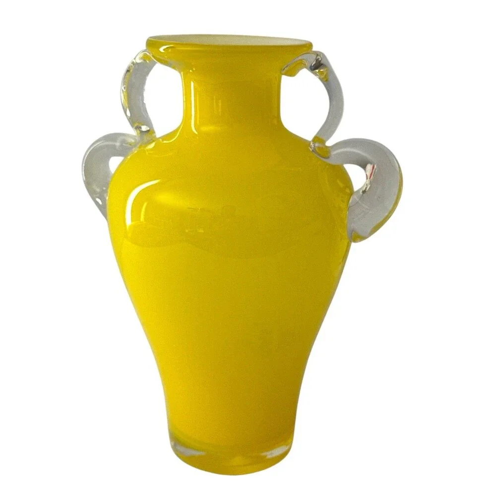 Hand Blown Lemon Yellow Art Glass Vase Clear Applied Loop Handles 8